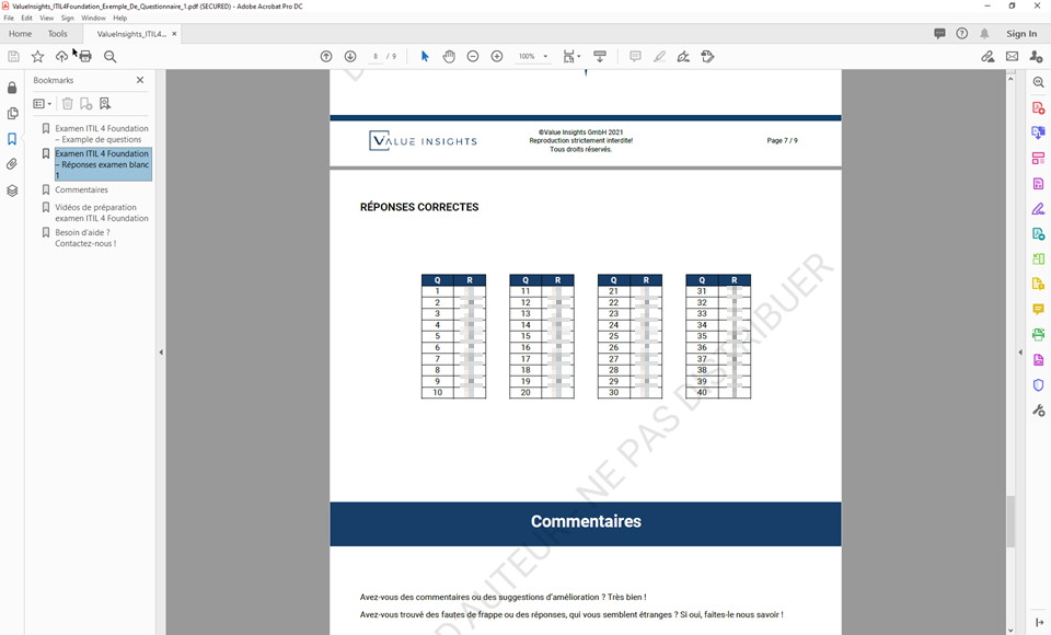 itil 4 préparation à l'examen de base pratique des questions fictives aperçu des valeurs